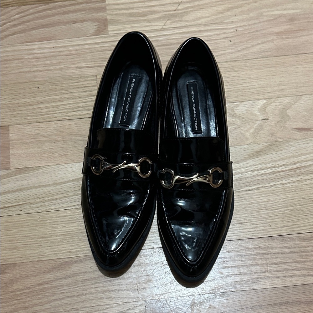 French Connection Glossy Black Loafers with Metal Detail